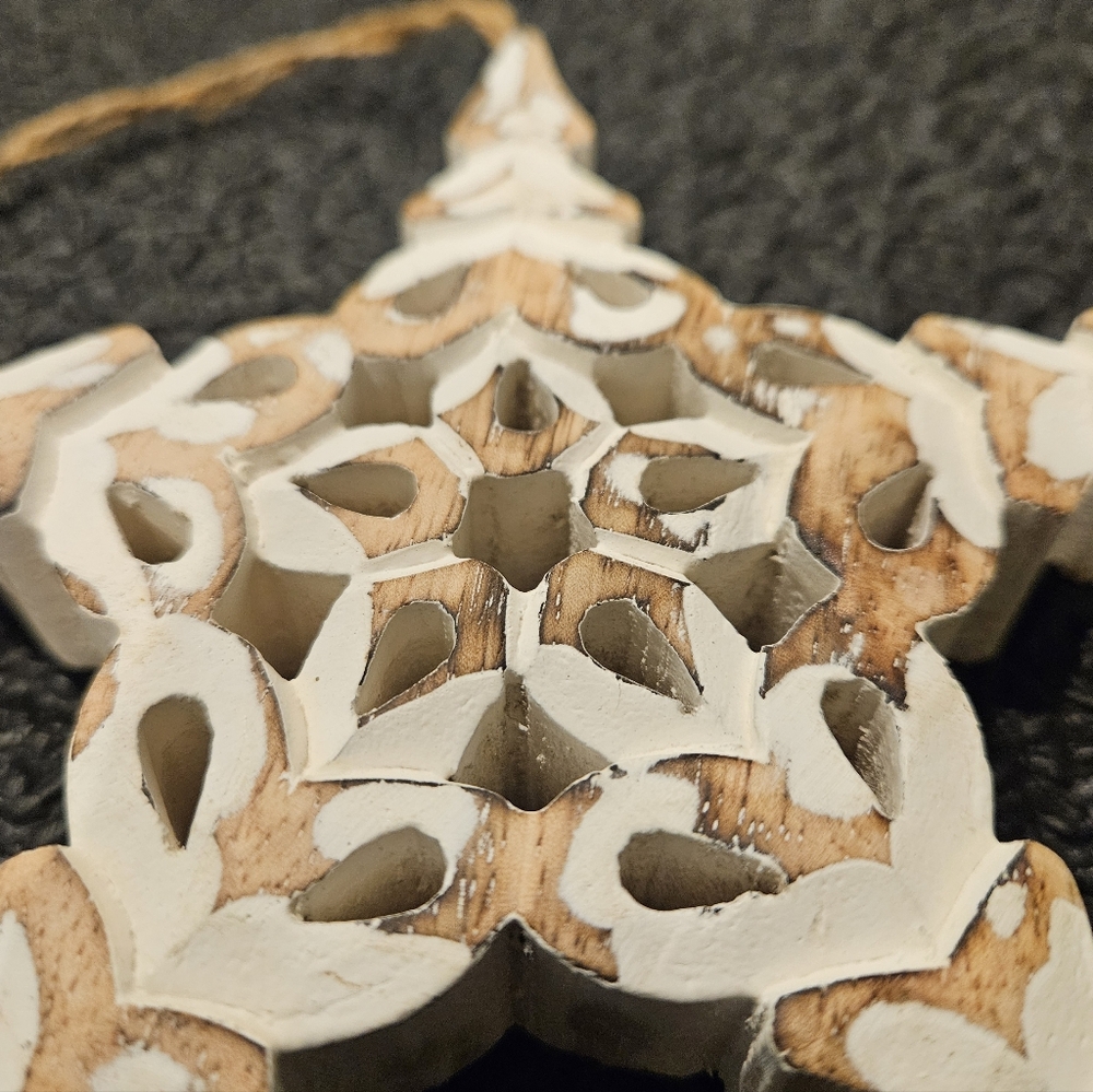 Pair White Washed Wood Snowflake Ornament Decor Farmhouse Holiday Decoration - Picture 2 of 7